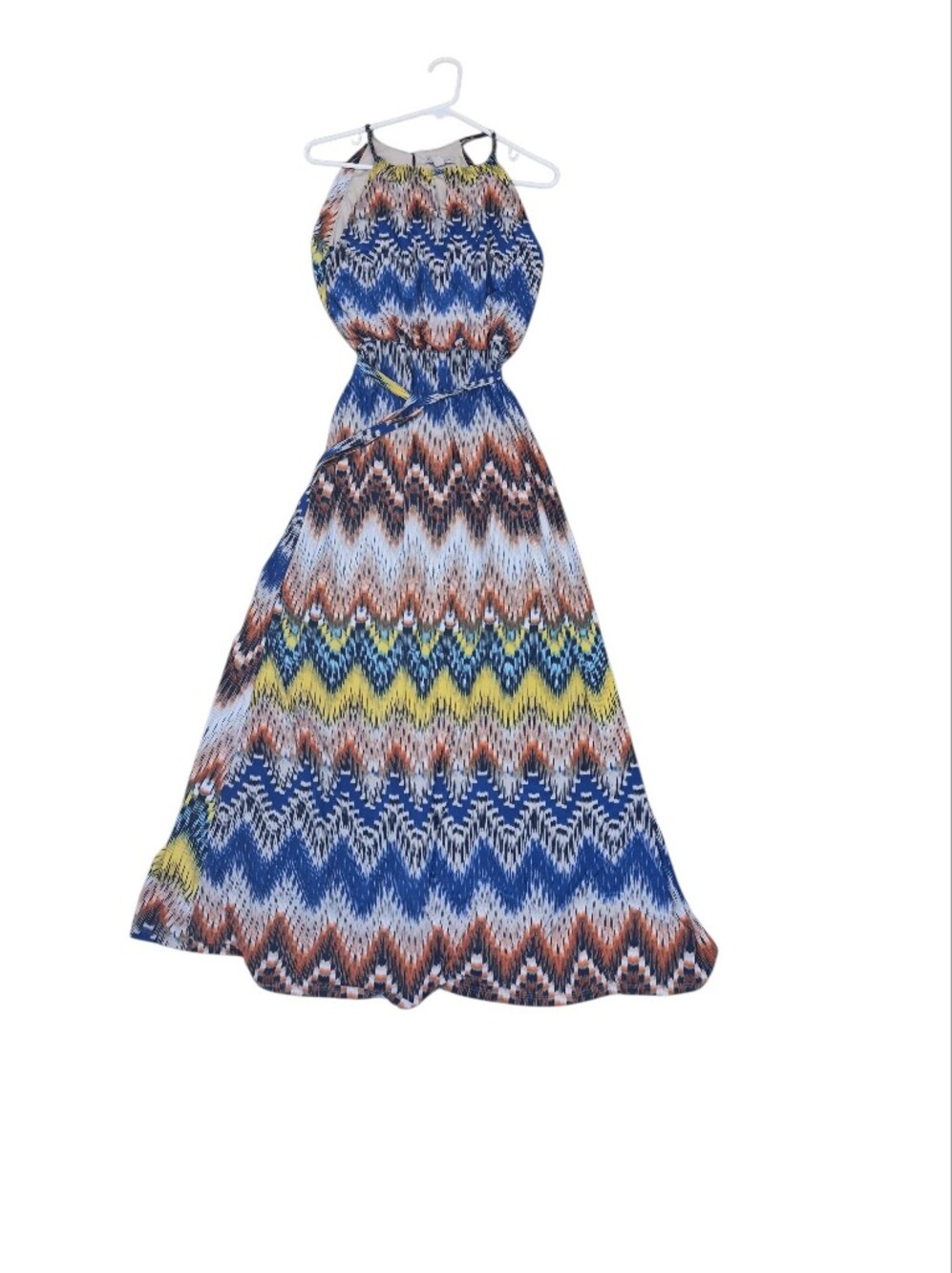 Boho Shift Sleeveless Printed Maxi Dress in Blue, Yellow, and Brown
